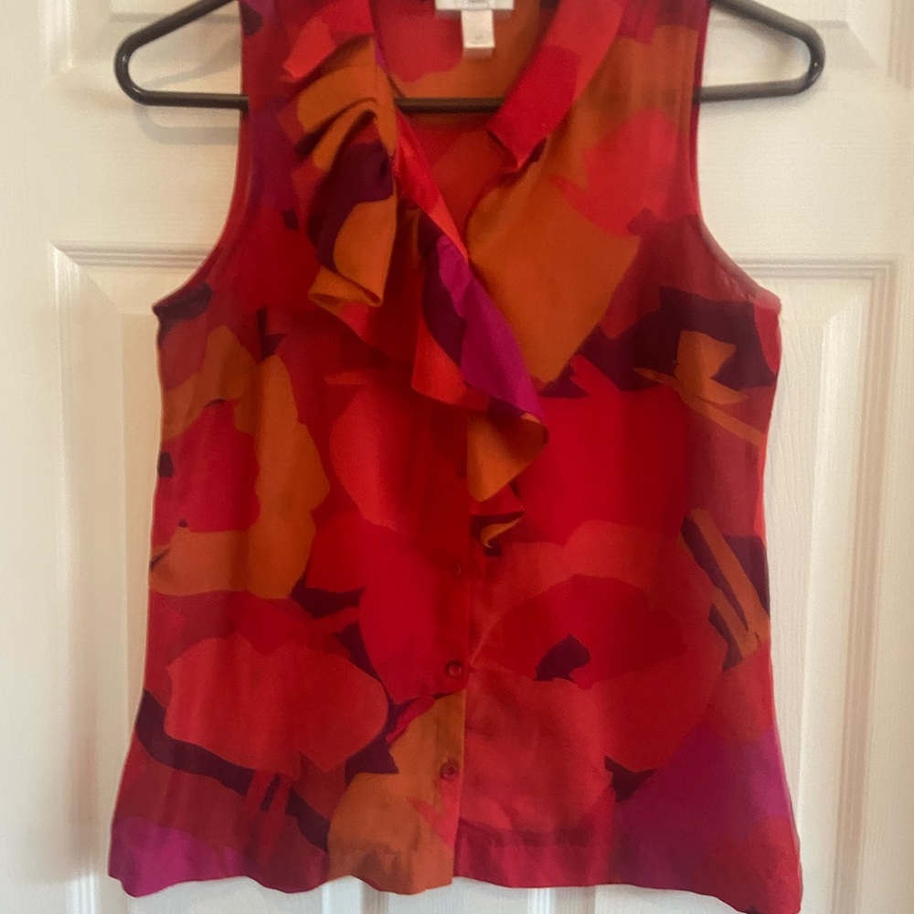 LOFT Red and Orange Ruffled Sleeveless Blouse